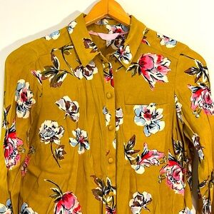 JOULES SACHA Gold Floral Blouse Button Down Collar Long Sleeve Women’s Small